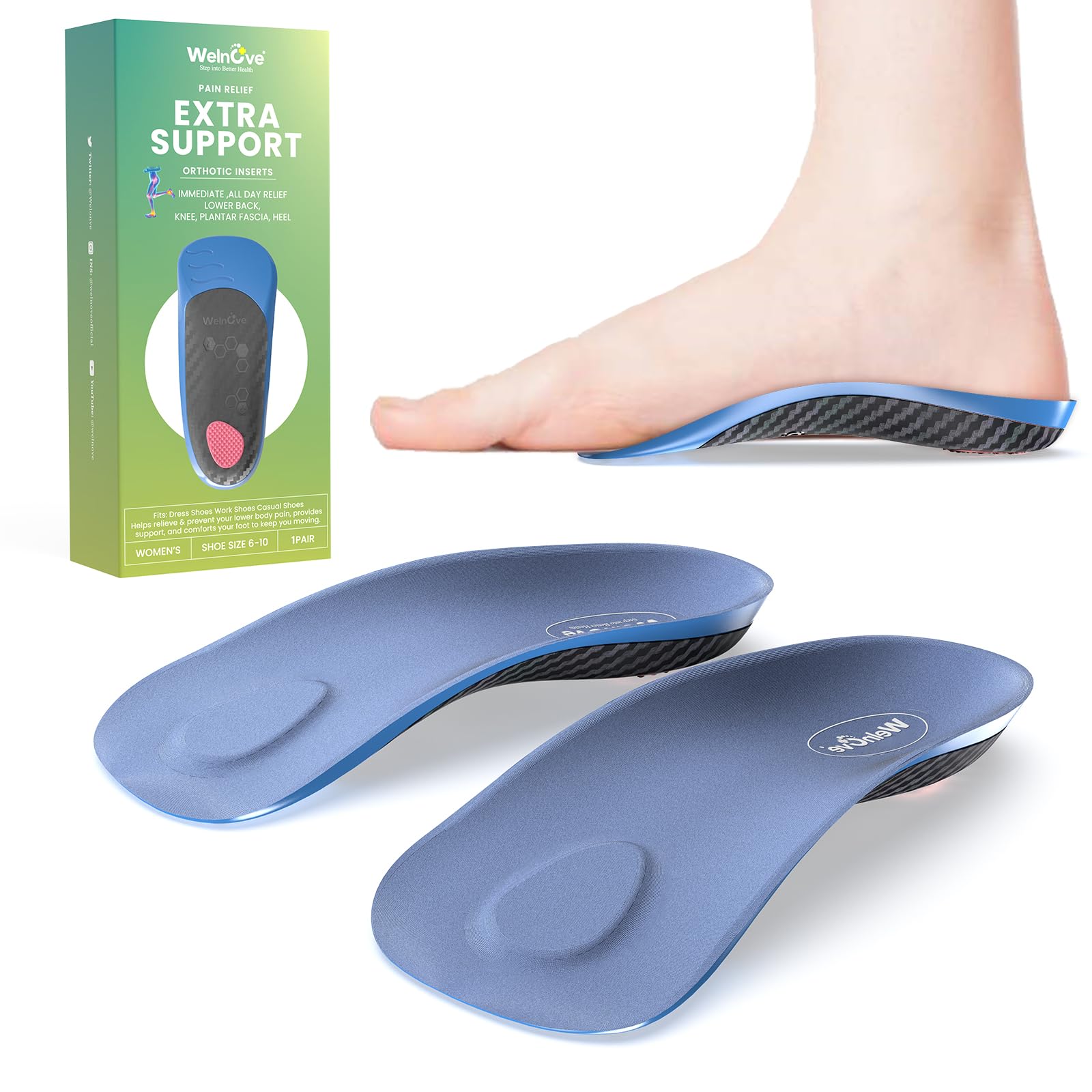  Welnove Semi-Rigid Arch Support Inserts for Men and Women - Heel Pain Relief for All-Day Standing or Walking
| Welnove 