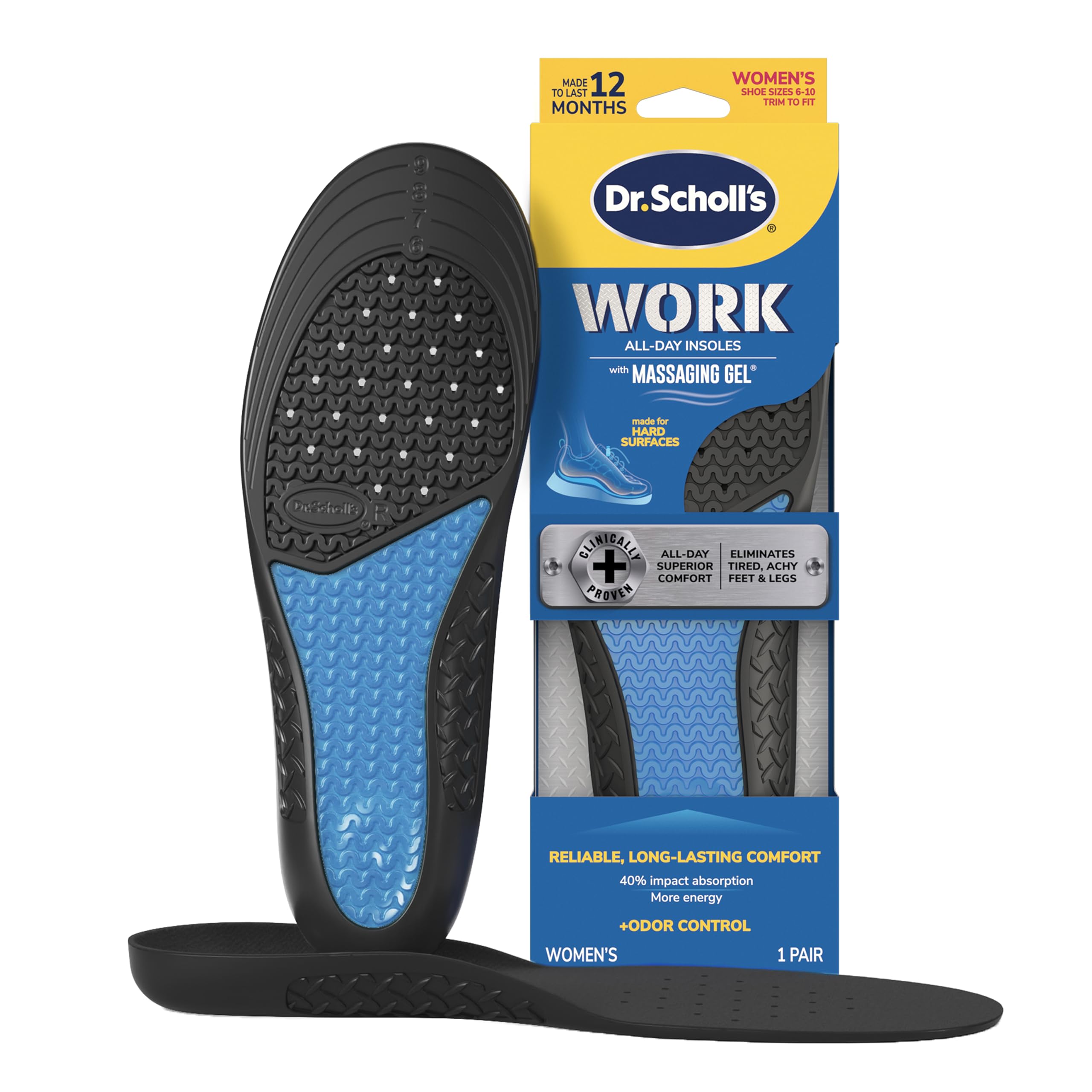 Dr. Scholl's Work All-Day Superior Comfort Insoles - Men & Women, Hard-Working Feet, Massaging Gel Eliminates Sore Muscl